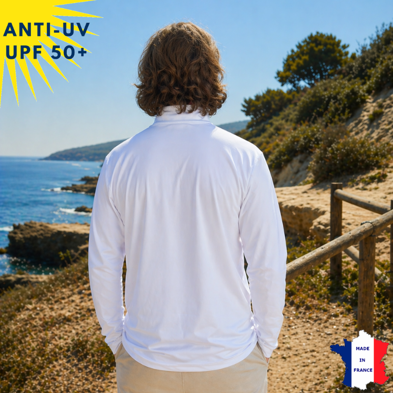 T-shirt anti-UV Homme - Col zippé - Blanc | UPF50+