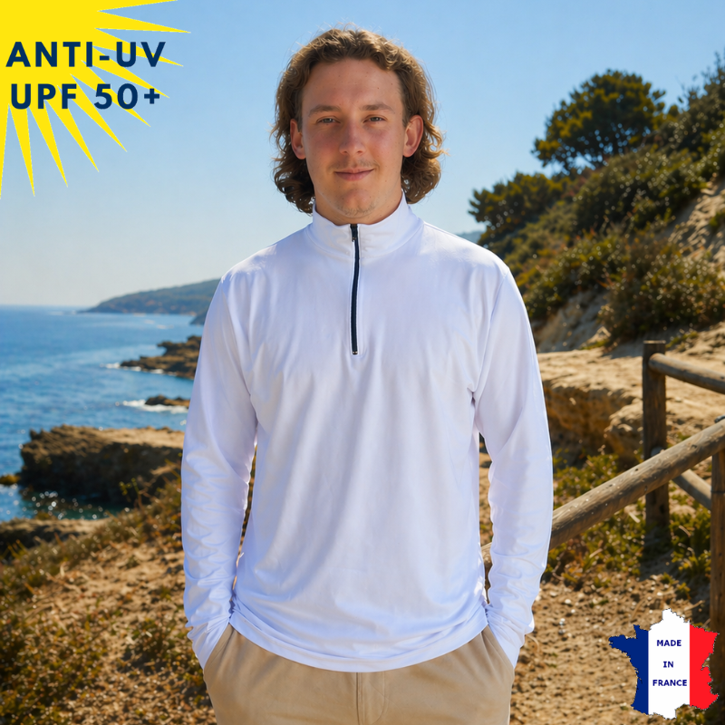 T-shirt anti-UV Homme - Col zippé - Blanc | UPF50+