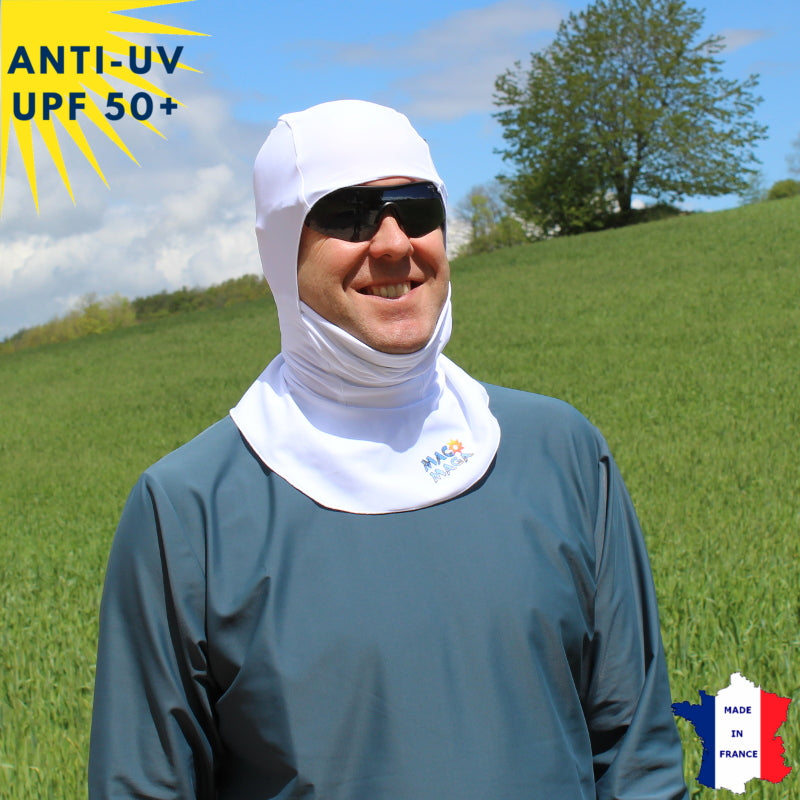Cagoule Anti-UV Moto, Sport & Travail | Avec ouverture bouche | Blanc UPF50+
