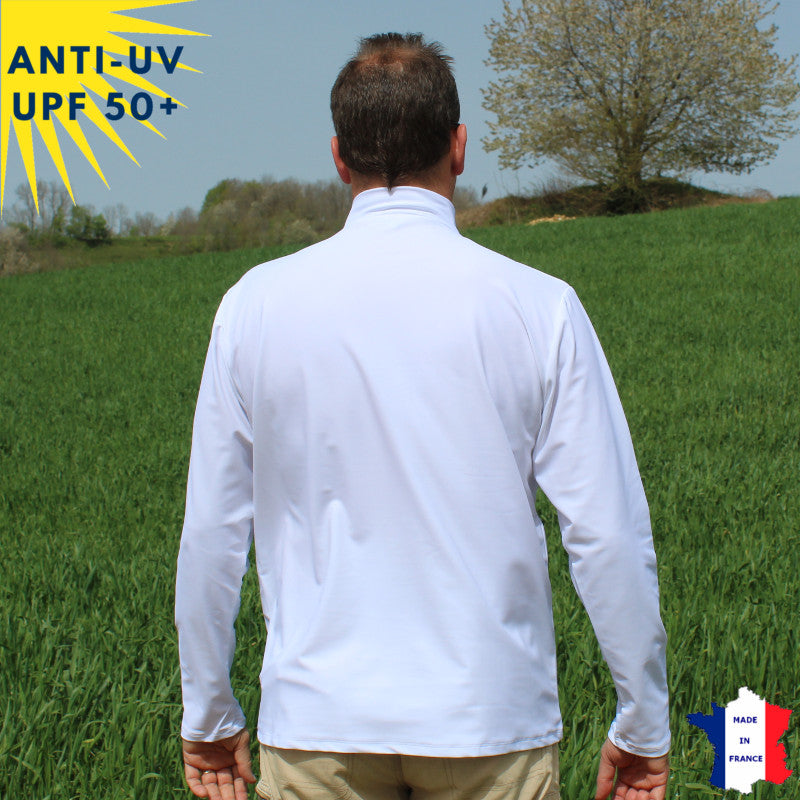 T-shirt anti-UV Homme - Col zippé - Blanc | UPF50+