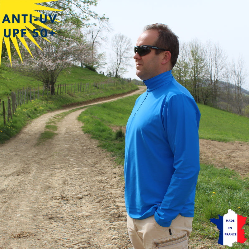 T-shirt anti-UV Homme - Col zippé - Bleu | UPF50+
