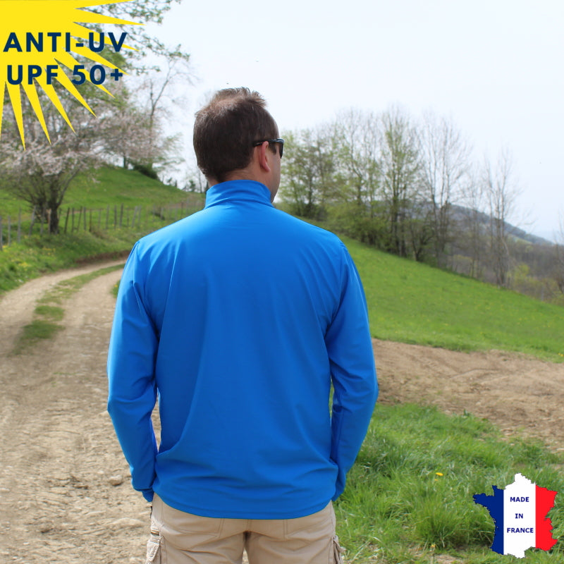 T-shirt anti-UV Homme - Col zippé - Bleu | UPF50+