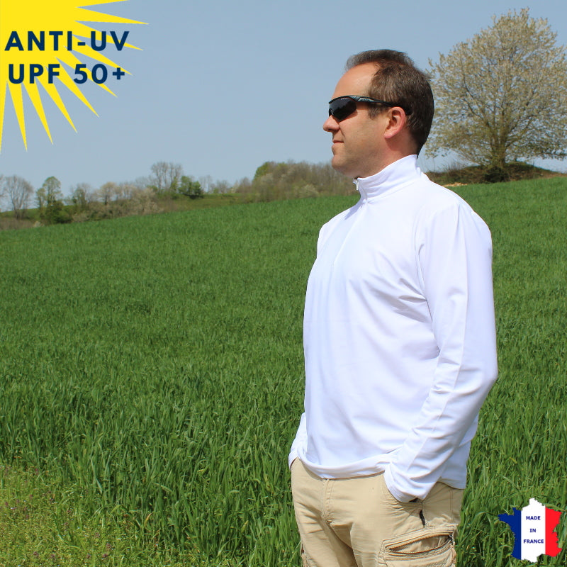 T-shirt anti-UV Homme - Col zippé - Blanc | UPF50+