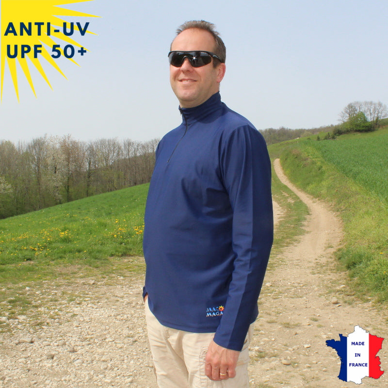 T-shirt anti-UV Homme - Col zippé - Marine | UPF50+
