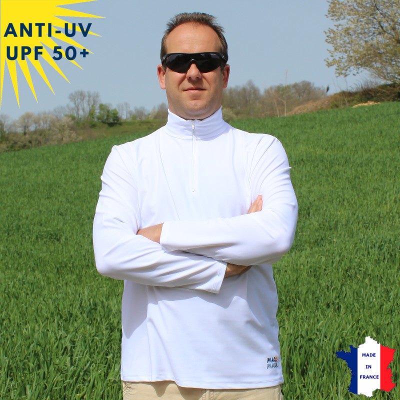 T-shirt anti-UV Homme - Col zippé - Blanc | UPF50+