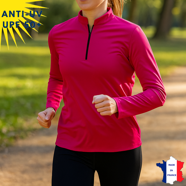 T-shirt anti-UV Femme - Col zippé - Fuschia | UPF50+