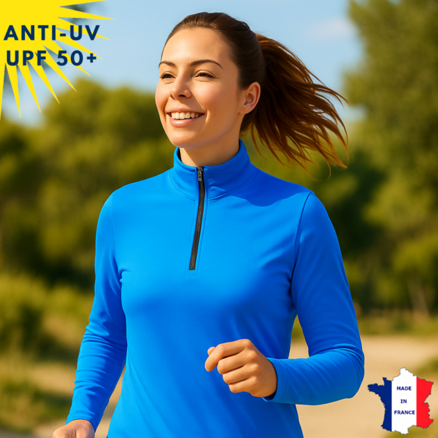 T-shirt anti-UV Femme - Col zippé - Bleu | UPF50+