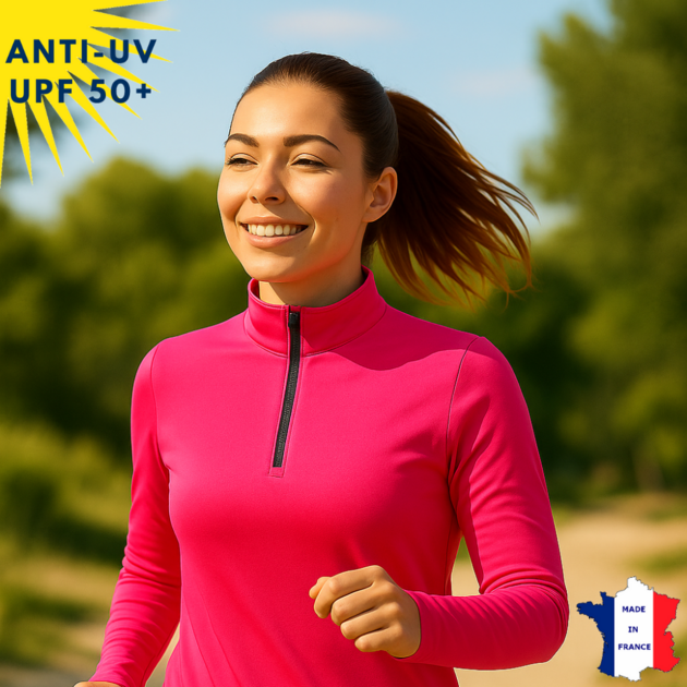 T-shirt anti-UV Femme - Col zippé - Fuschia | UPF50+